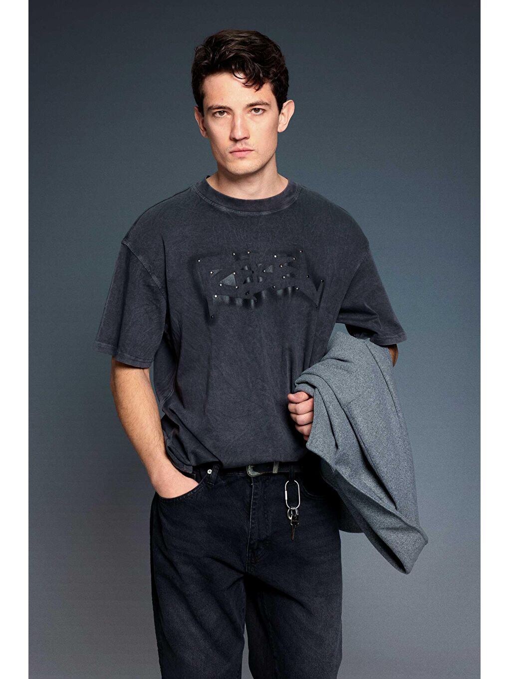 Erkek Baskılı Yıkamalı Premium Oversize T-Shirt Siyah-4