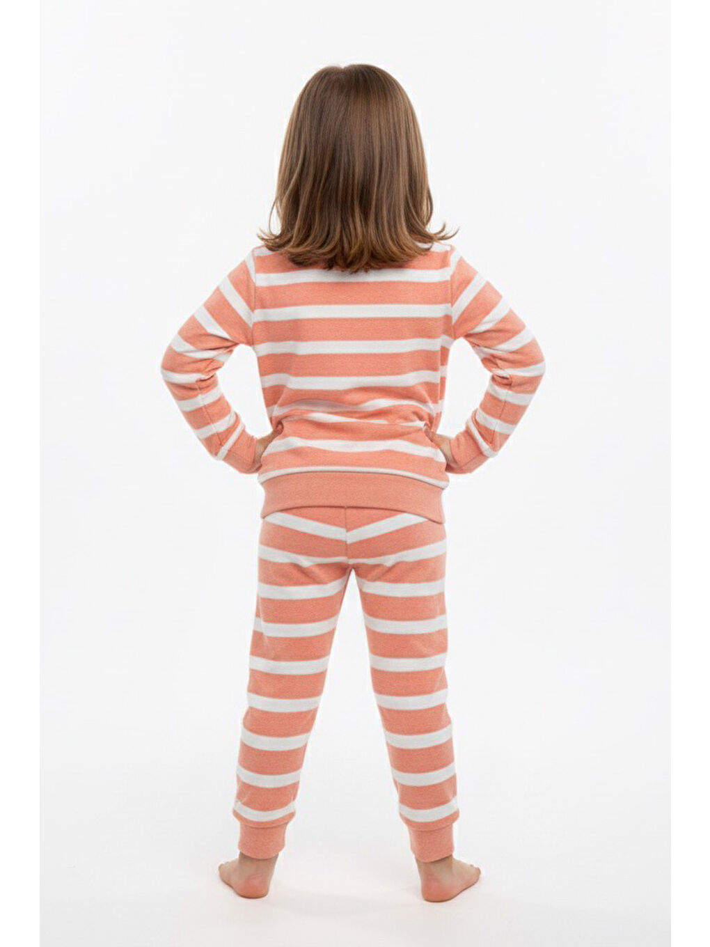 Turuncu Kız Çocuk Yavruağzi Çizgili Nakışlı İki İplik İkili Takım - 27976-YAVRUAGZI-1