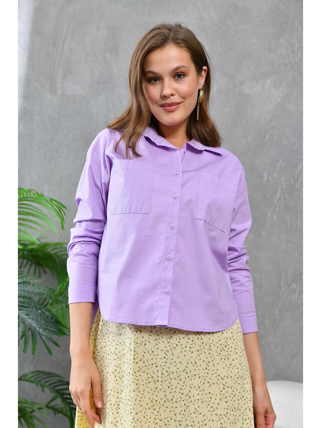 Lila Kadın Arkası Uzun Yırtmaçlı Salaş Dokuma Gömlek-1