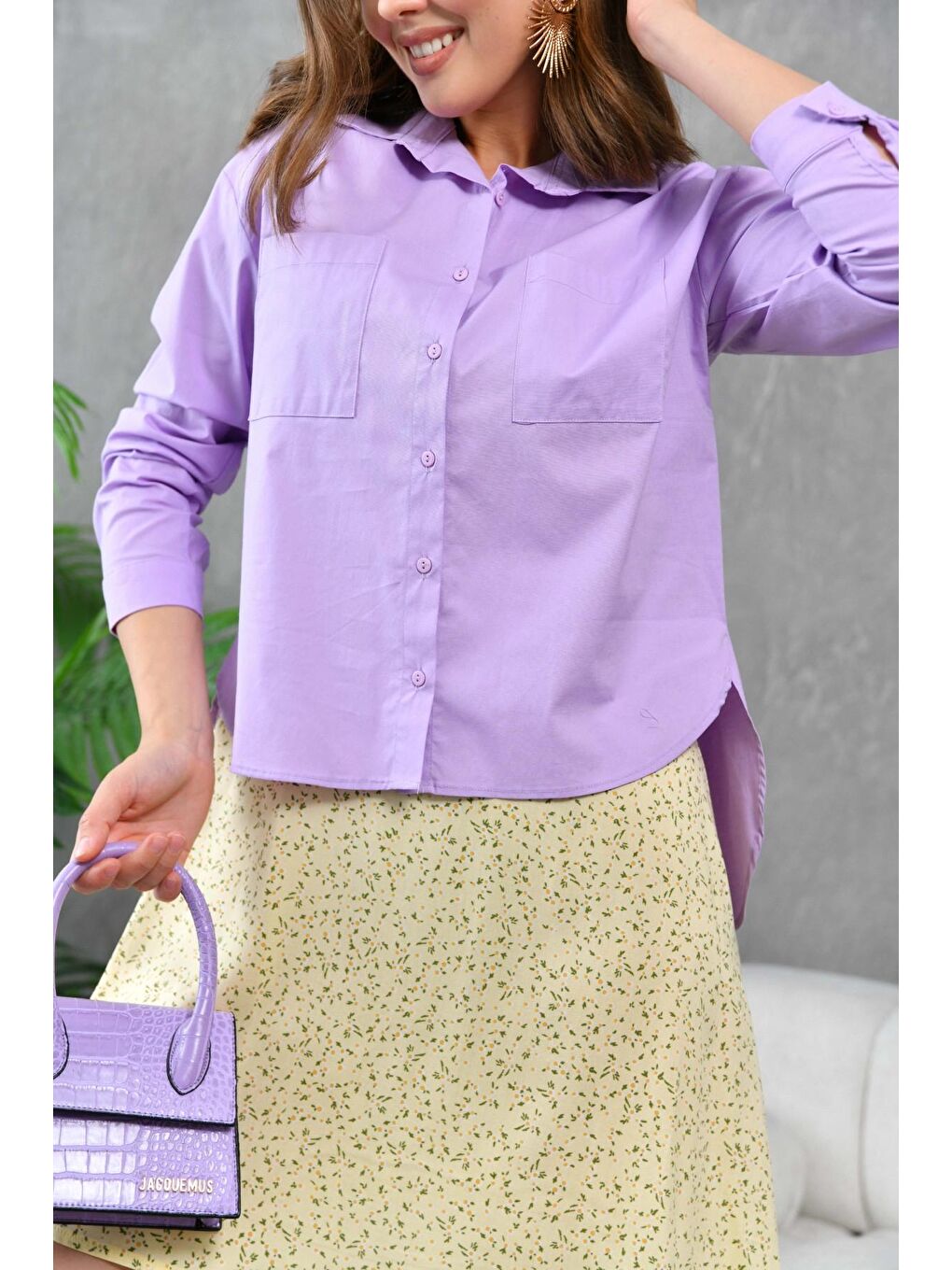 Lila Kadın Arkası Uzun Yırtmaçlı Salaş Dokuma Gömlek-2