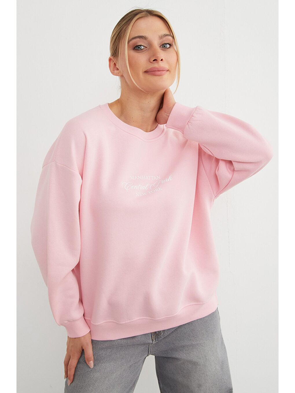 Pembe 3 İplik Manhattan Baskılı Bisiklet Yaka Sweatshirt