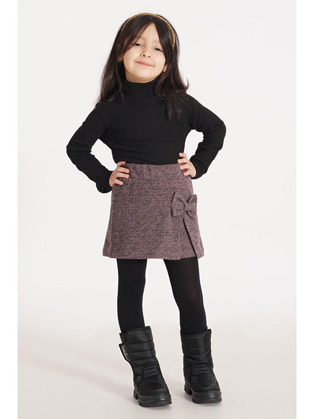 Fiyonk Detaylı Pembe Renk Kız Çocuk Etekli Takım-4