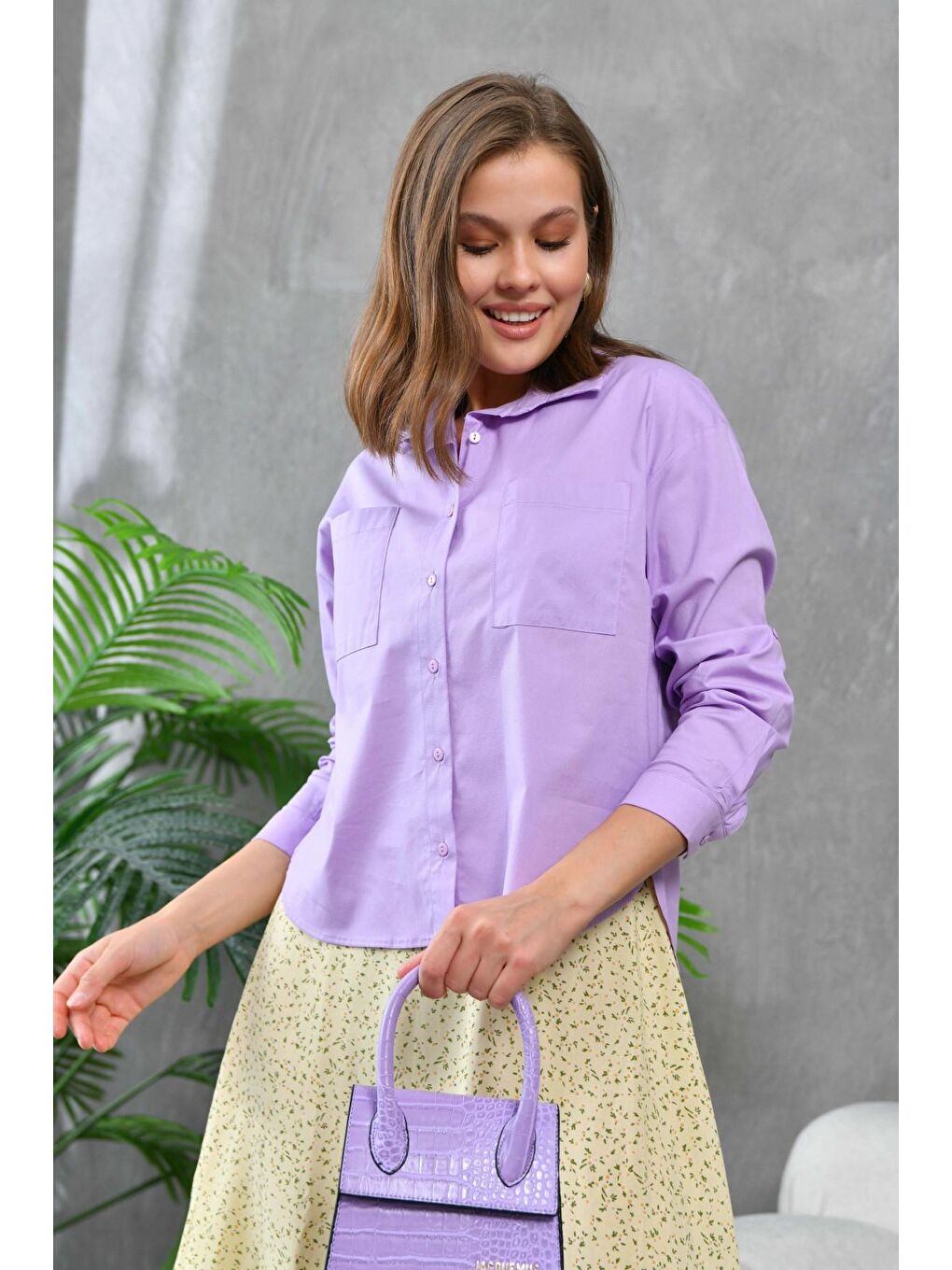 Lila Kadın Arkası Uzun Yırtmaçlı Salaş Dokuma Gömlek-3