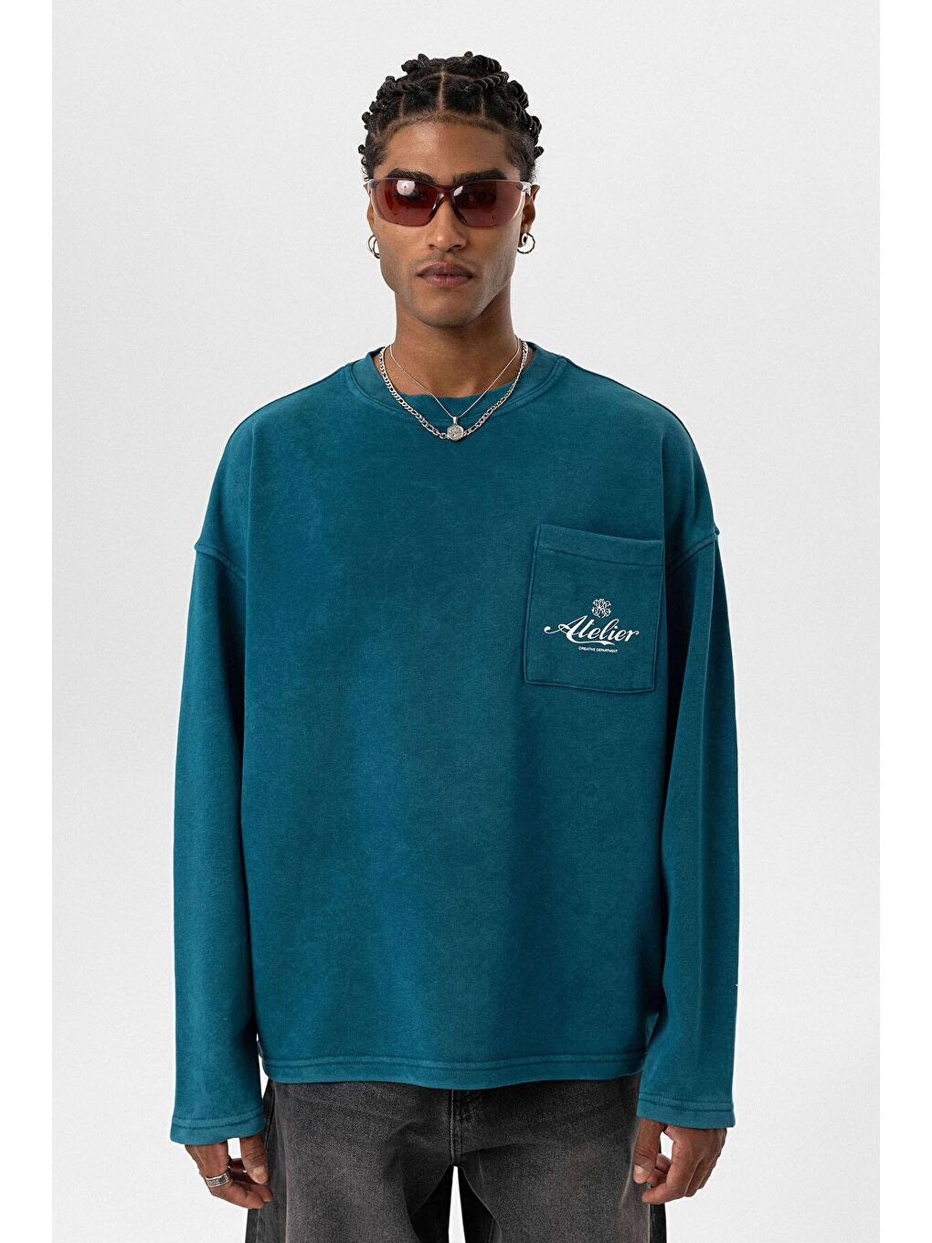Yıkamalı Oversize Cep Detaylı Sweatshirt Petrol