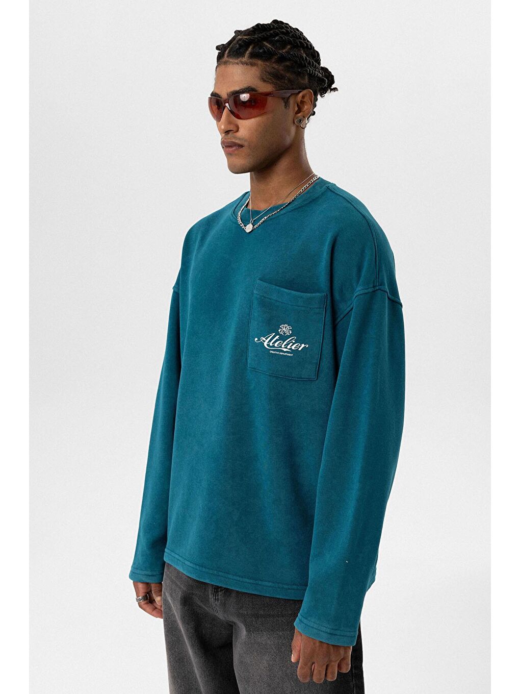 Yıkamalı Oversize Cep Detaylı Sweatshirt Petrol-2