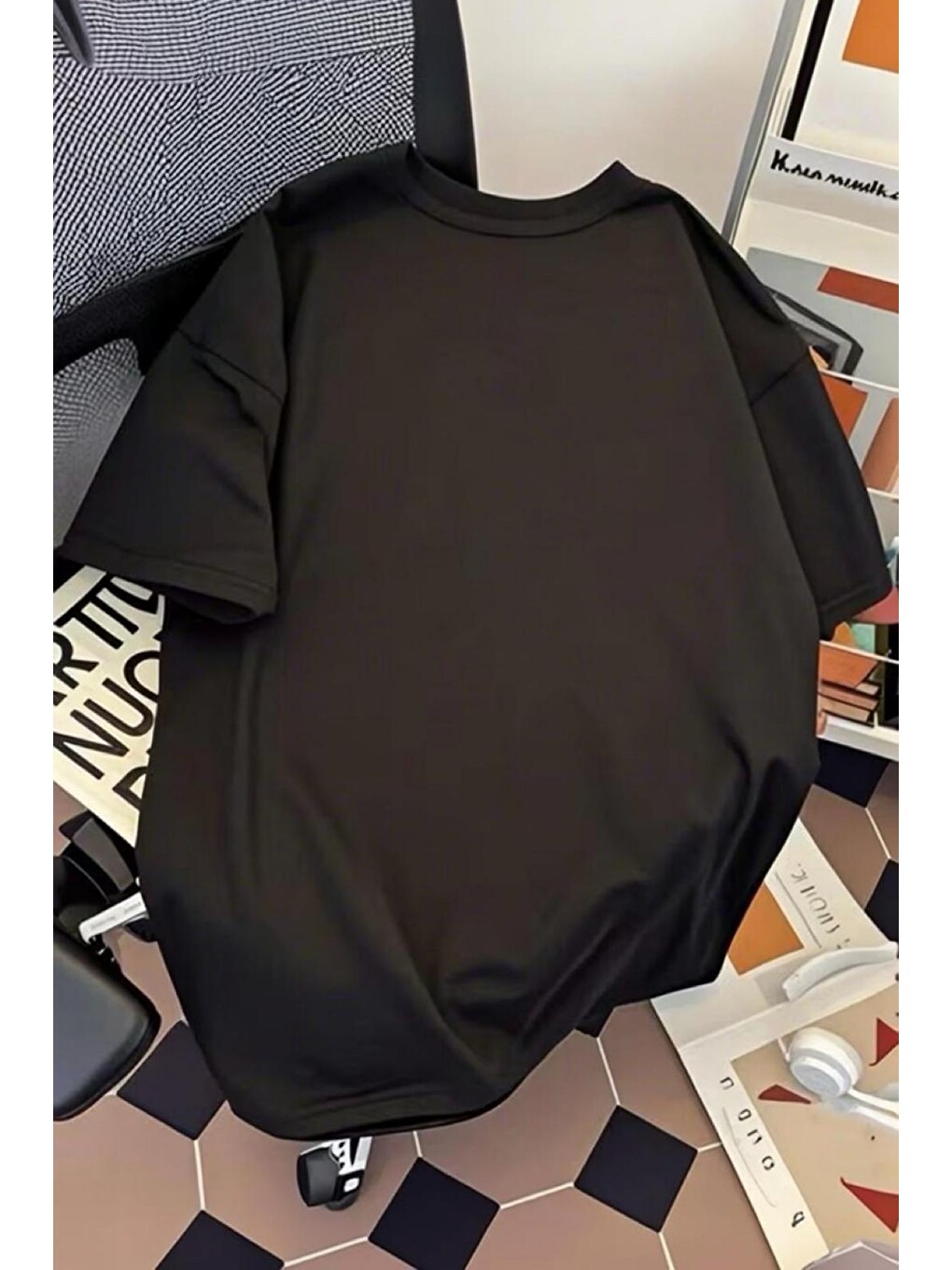 Siyah Blueberry Girl Tasarım Baskılı Pamuklu Oversize Kadın T-shirt-1