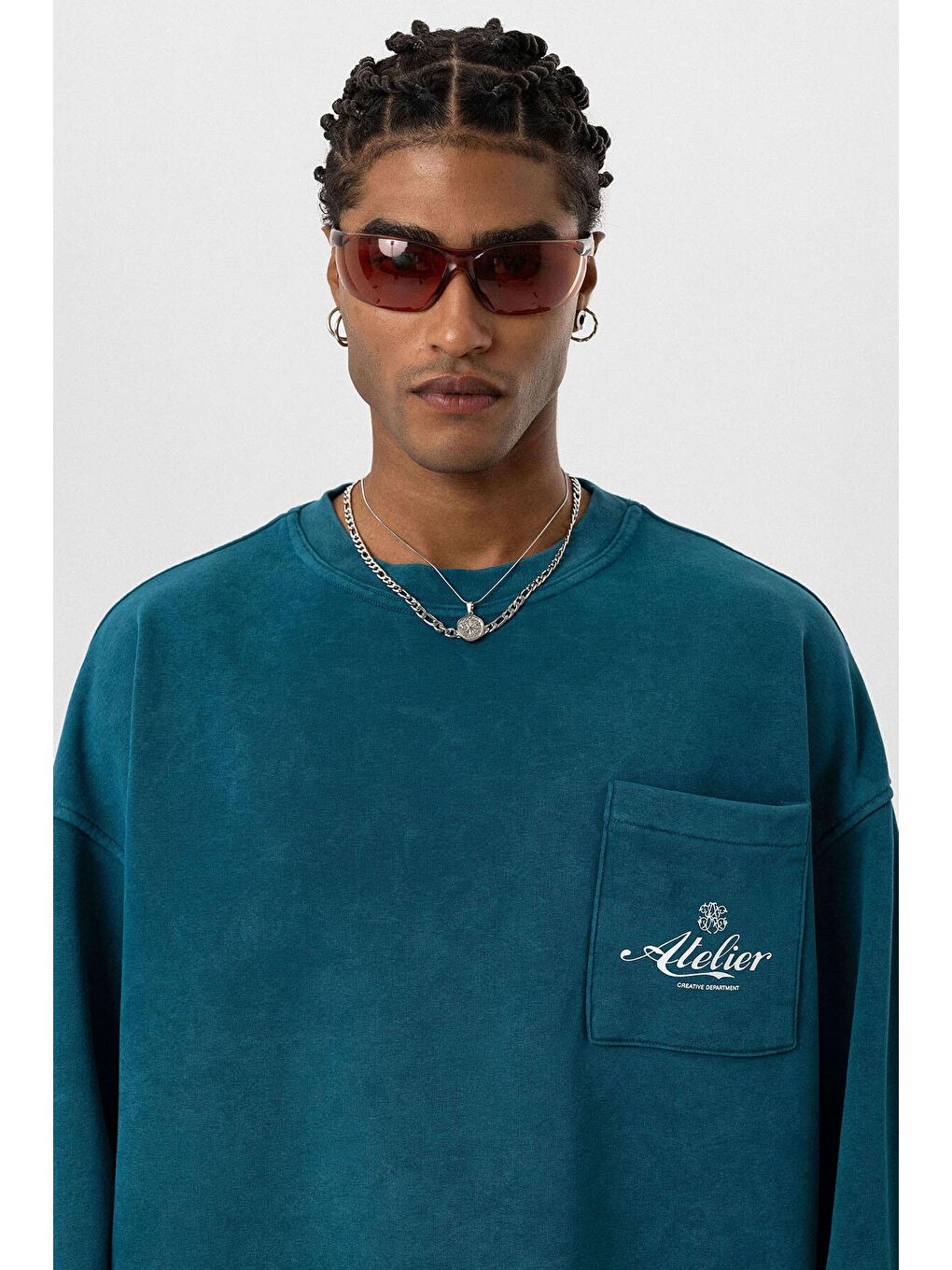 Yıkamalı Oversize Cep Detaylı Sweatshirt Petrol-3
