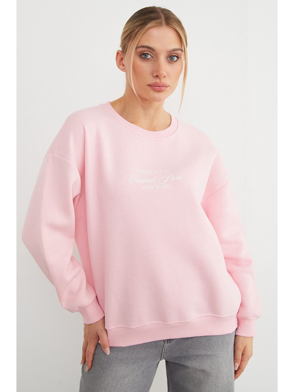 Pembe 3 İplik Manhattan Baskılı Bisiklet Yaka Sweatshirt-2