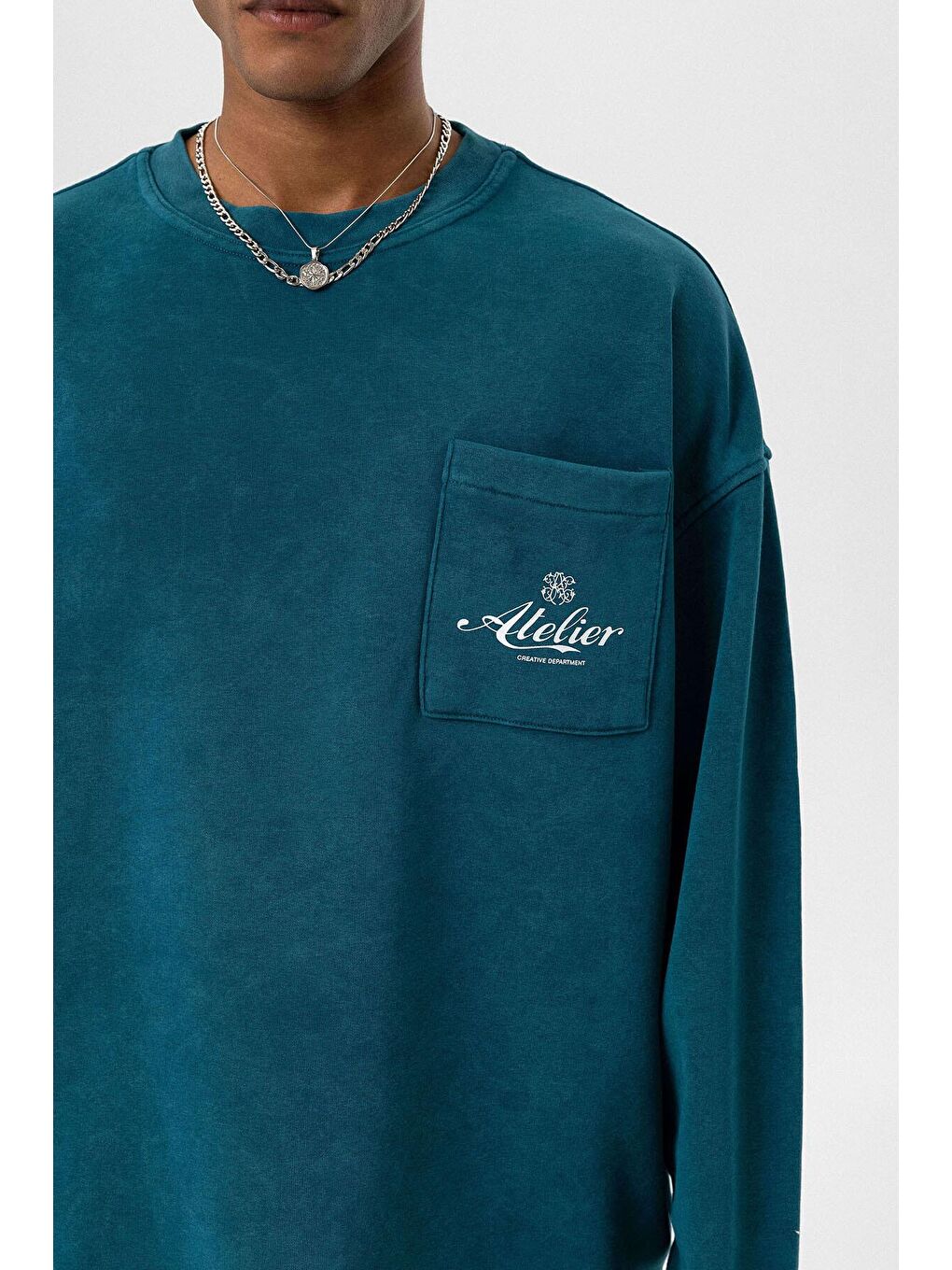 Yıkamalı Oversize Cep Detaylı Sweatshirt Petrol-4