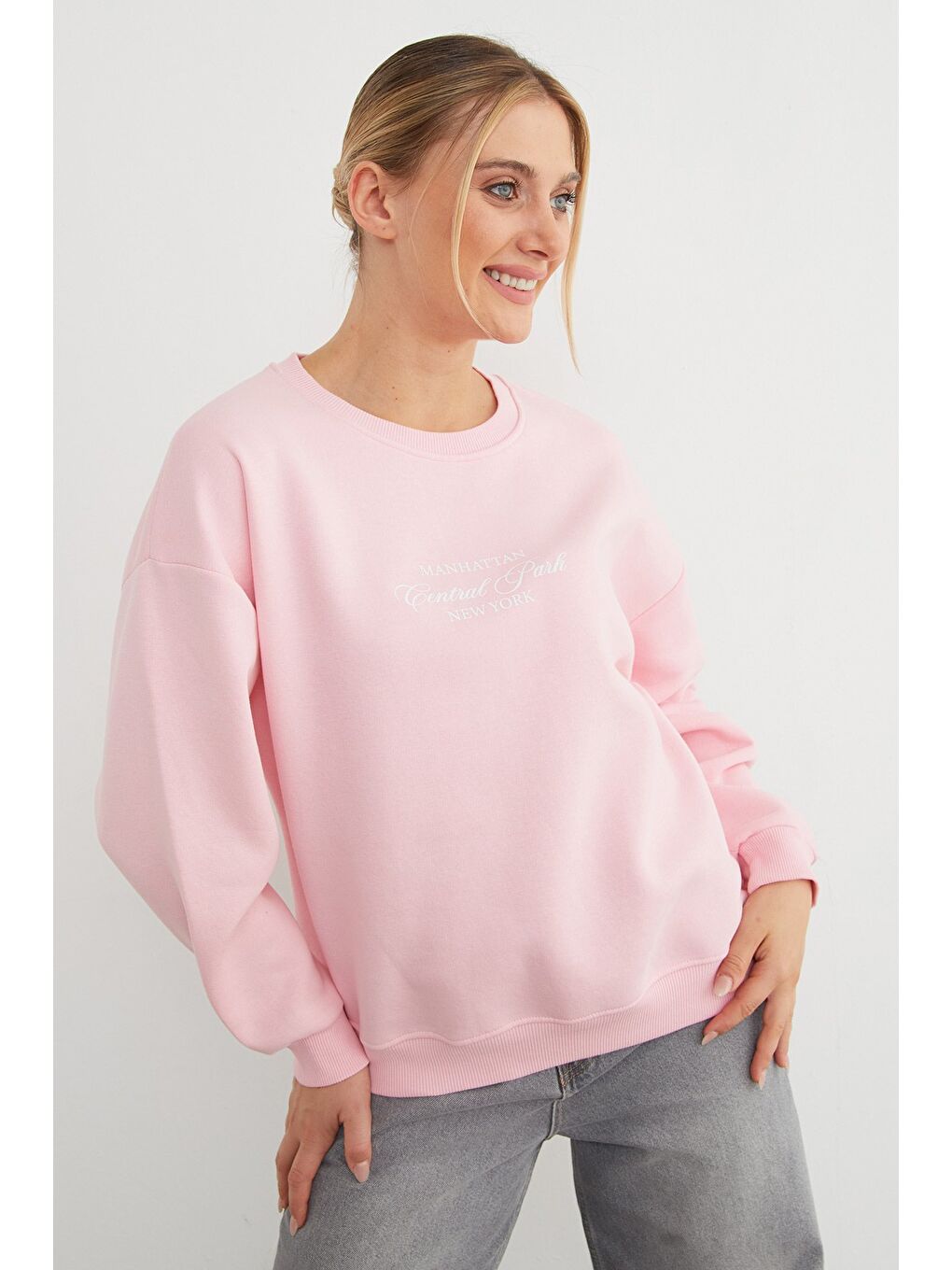 Pembe 3 İplik Manhattan Baskılı Bisiklet Yaka Sweatshirt-3