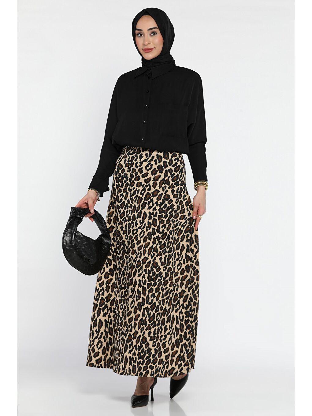 Bej Kadın Leopar Desenli Tesettür Bürümcük Kiloş Etek-3