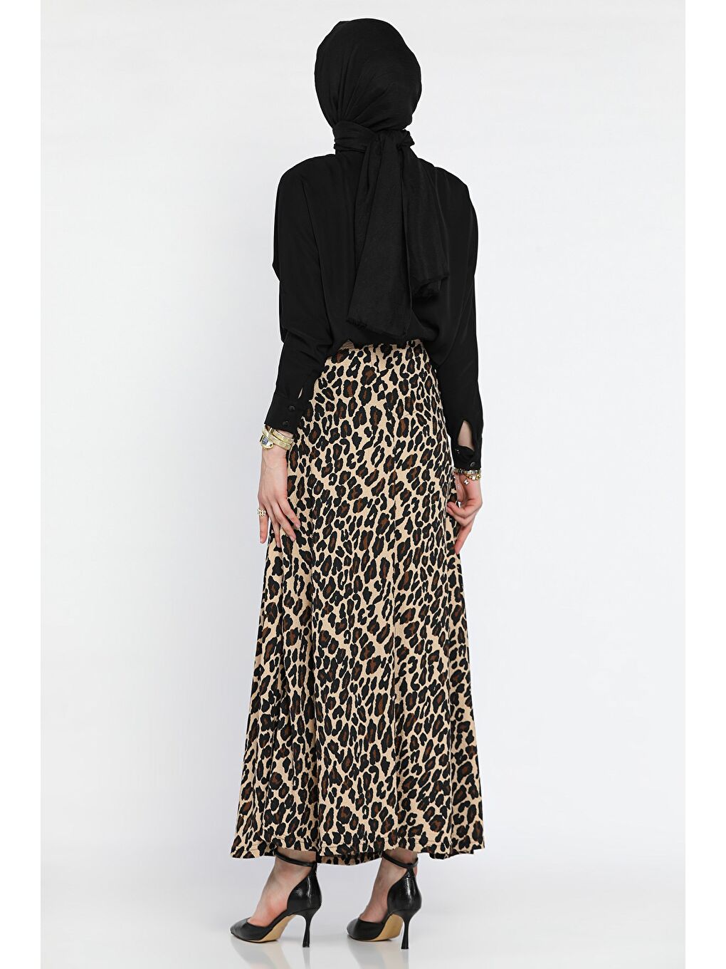 Bej Kadın Leopar Desenli Tesettür Bürümcük Kiloş Etek-4