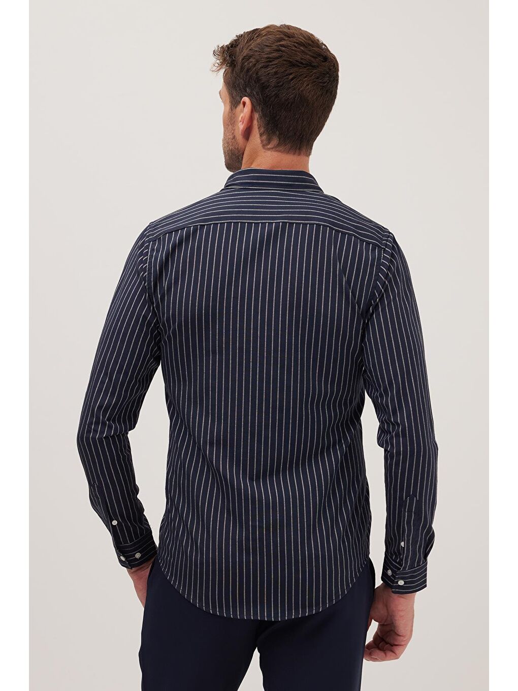 Lacivert Slim Fit Uzun Kollu Düğmeli Yaka Pamuklu Kolay Ütü Çizgili Erkek Gömlek-5