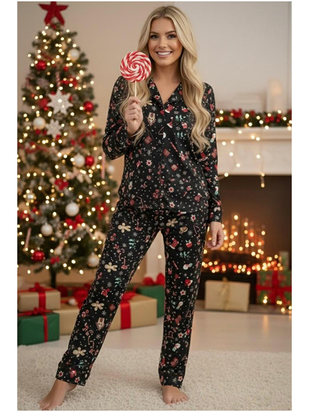 Siyah Yumuşak Dokulu Süet Düğmeli Örme Pijama Takım 7984-1