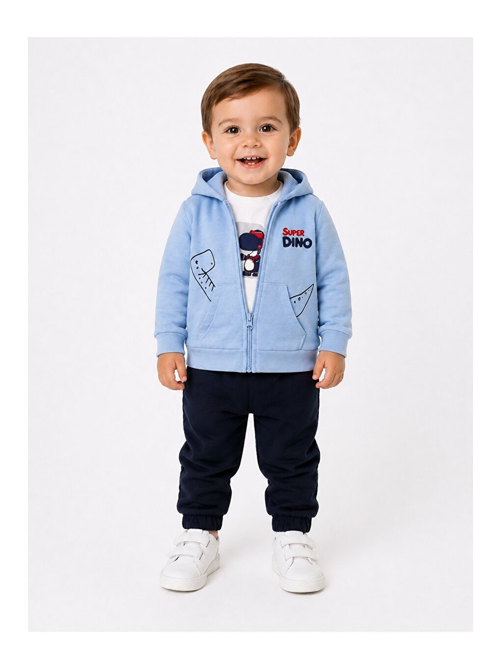 Mavi Erkek Bebek Dino Baskılı Kapüşonlu 3lü Takım Fermuarlı Hırka Tişört Pantolon