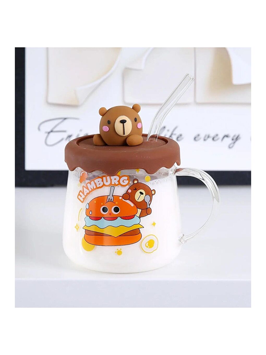 Karışık Renkli Hayvan Figürlü Silikon Kapaklı Pipetli Cam Kupa-4