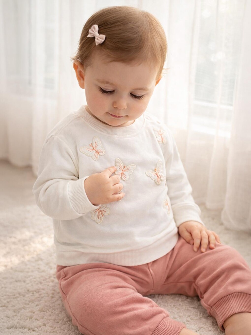 Baby Kelebek Nakışlı 6-18 Ay Takım - Ekru-1