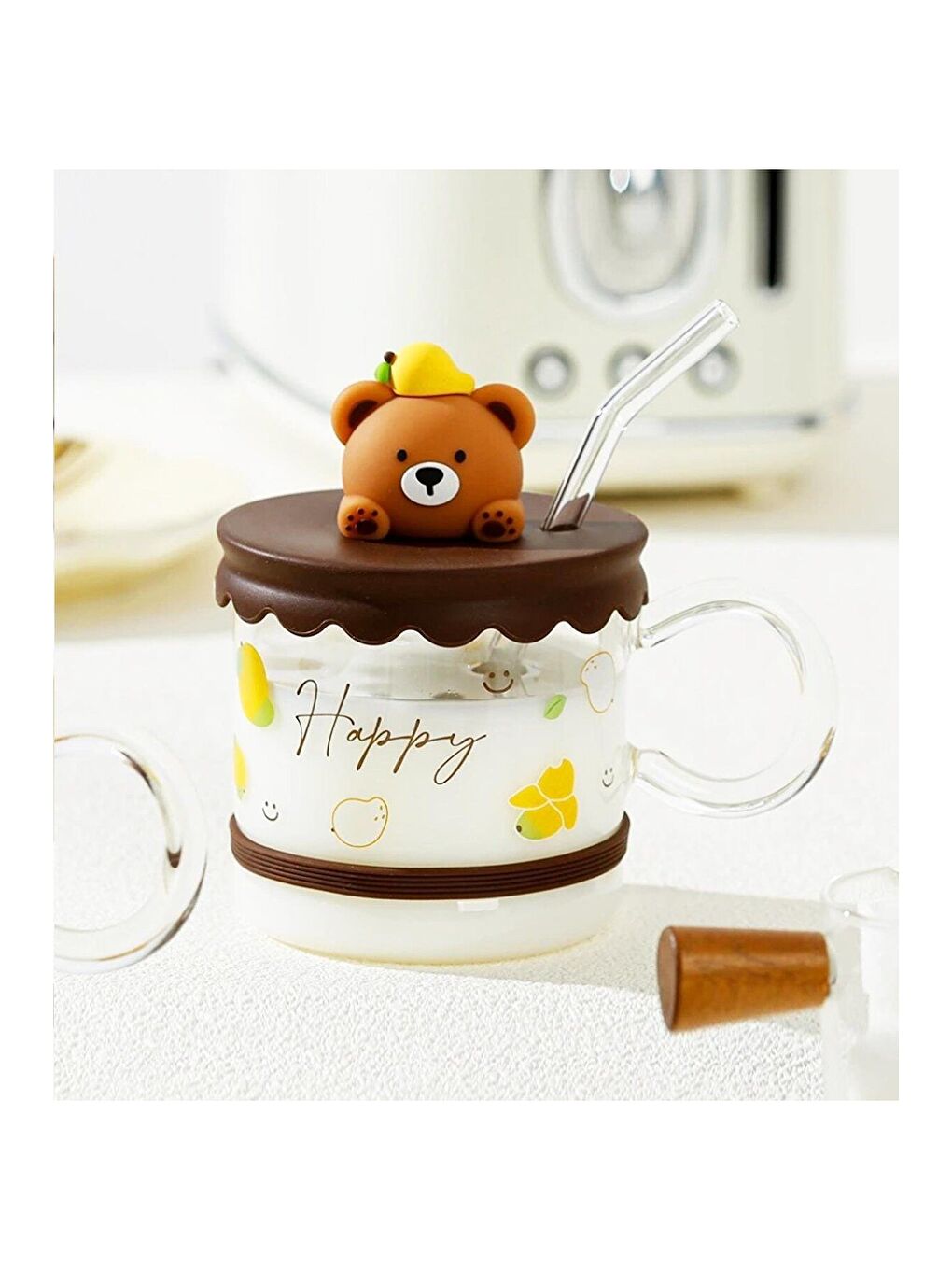 Karışık Sevimli Hayvan Figürlü Silikon Kapaklı Pipetli Cam Kupa-1