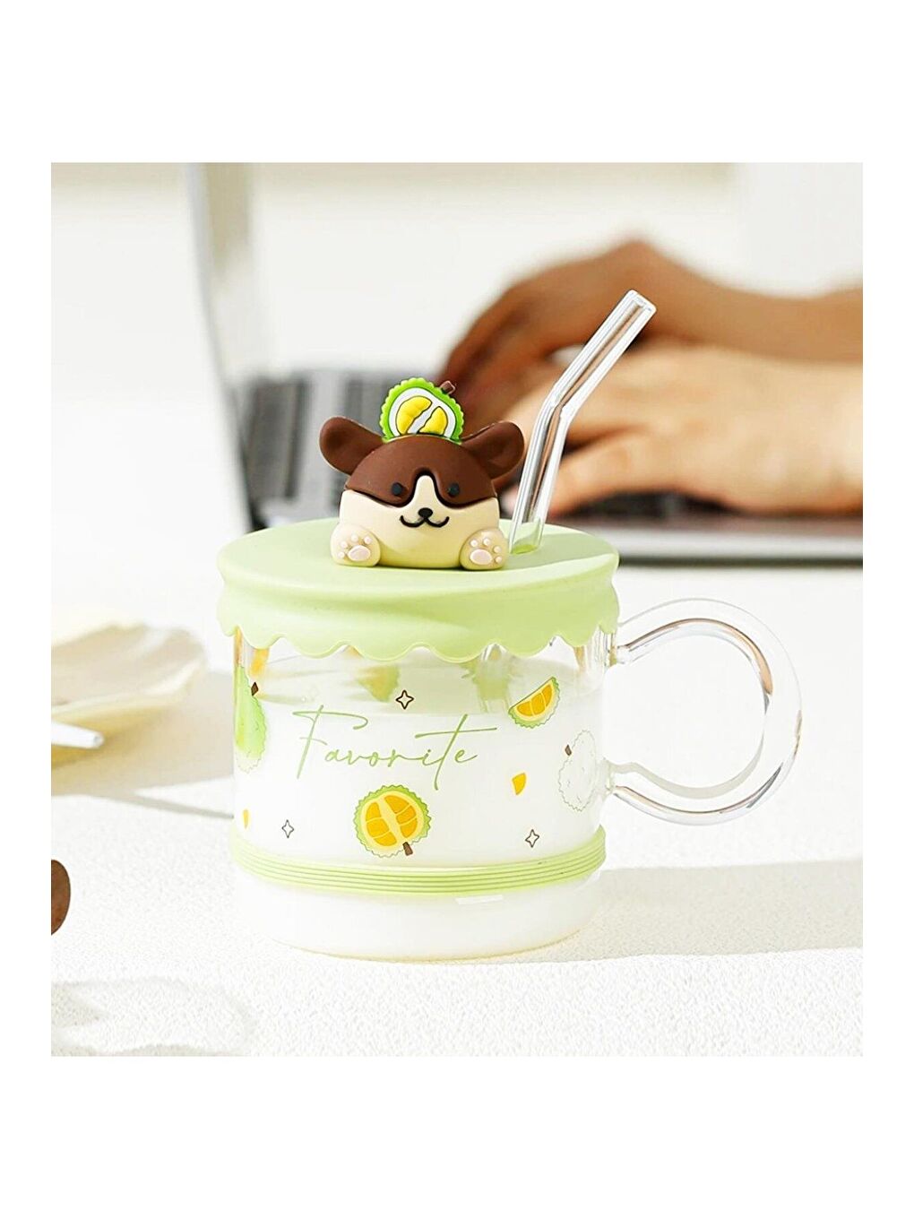 Karışık Sevimli Hayvan Figürlü Silikon Kapaklı Pipetli Cam Kupa-2