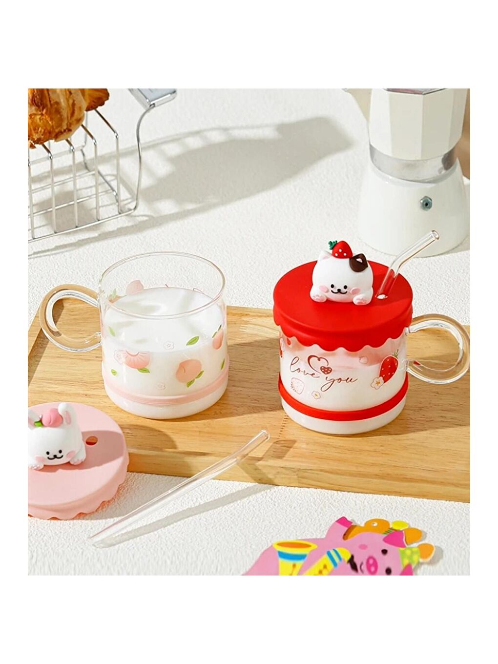 Karışık Sevimli Hayvan Figürlü Silikon Kapaklı Pipetli Cam Kupa-3