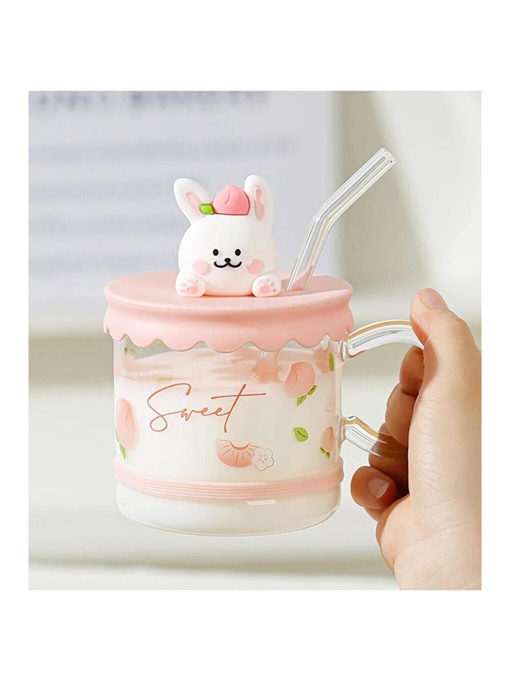 Karışık Sevimli Hayvan Figürlü Silikon Kapaklı Pipetli Cam Kupa-4