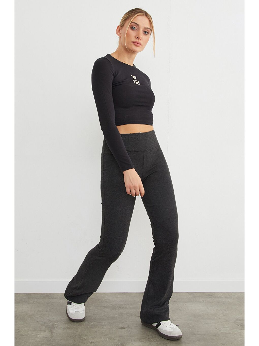 Antrasit Beli Lastikli Yüksek Bel Flare Pantolon-1