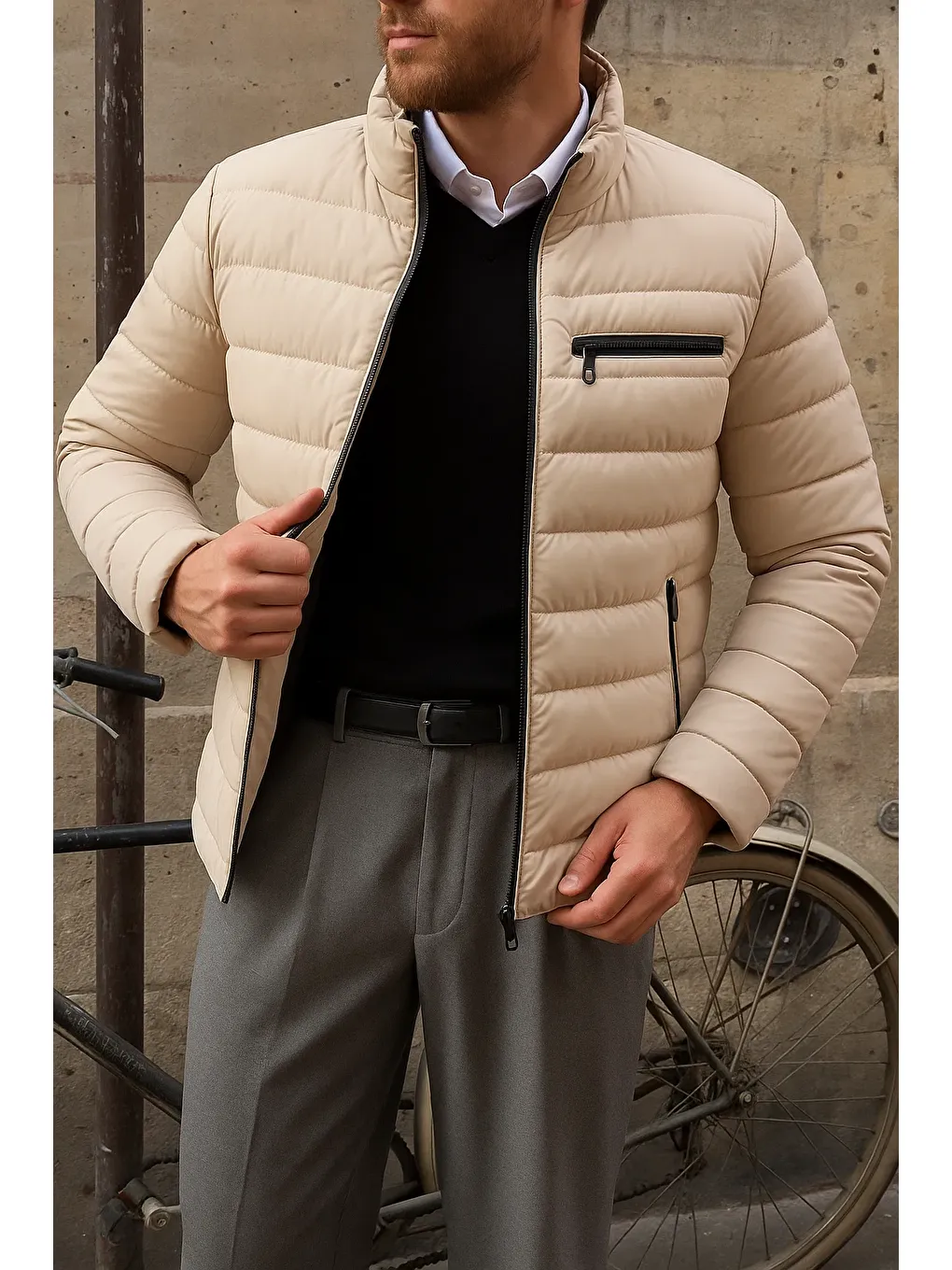 Ekru Erkek Kışlık Slim Fit Günlük Krem Şişme Mont-1