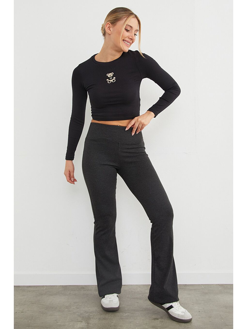 Antrasit Beli Lastikli Yüksek Bel Flare Pantolon-2