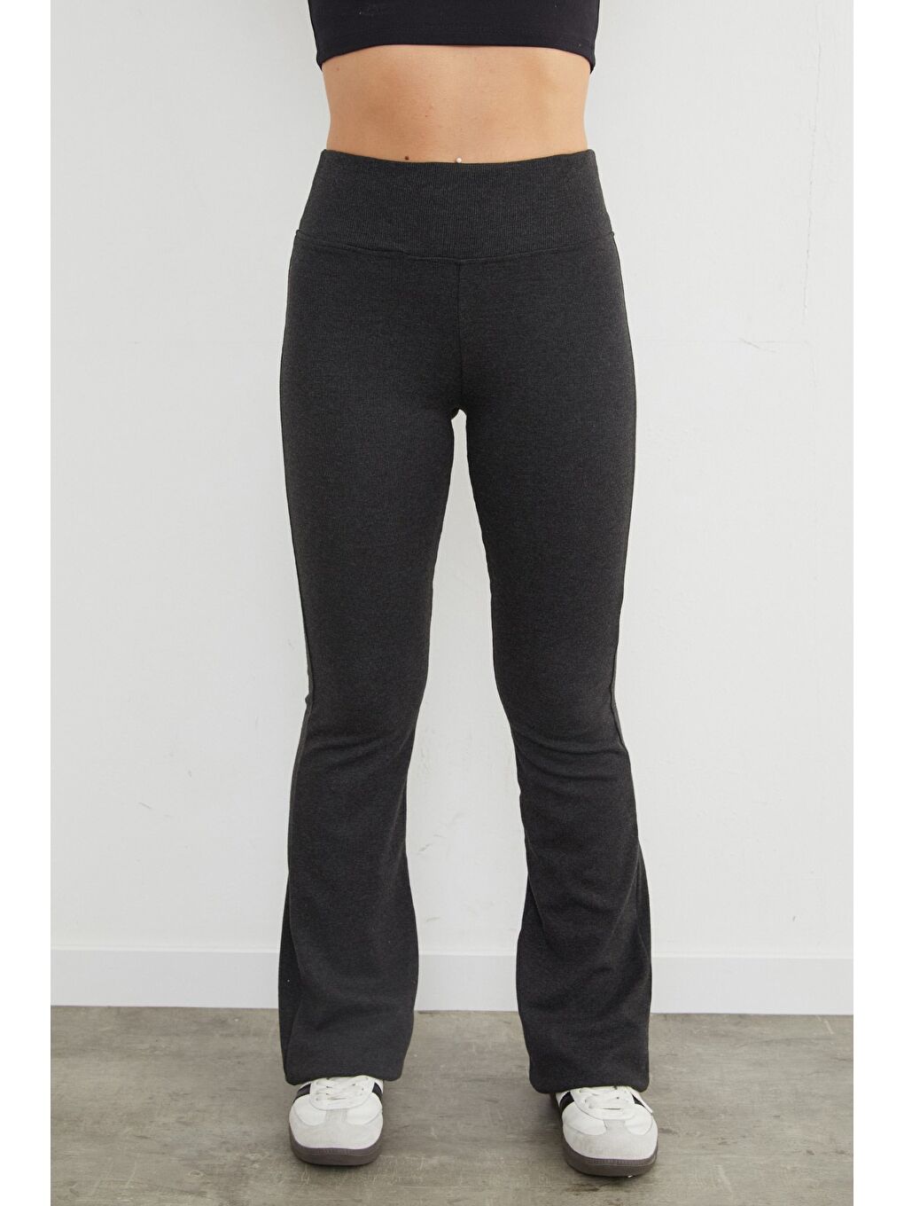 Antrasit Beli Lastikli Yüksek Bel Flare Pantolon-3