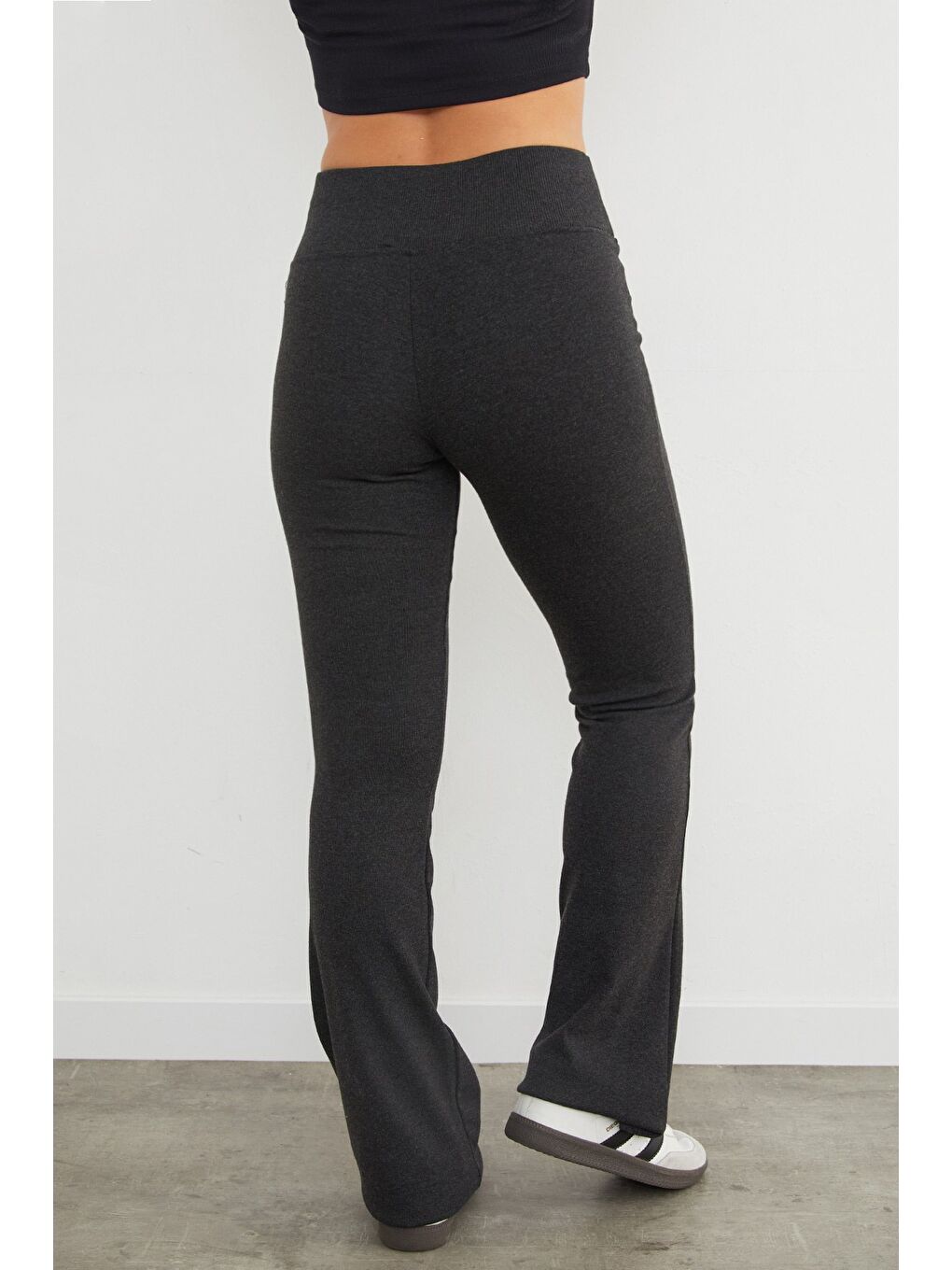 Antrasit Beli Lastikli Yüksek Bel Flare Pantolon-4