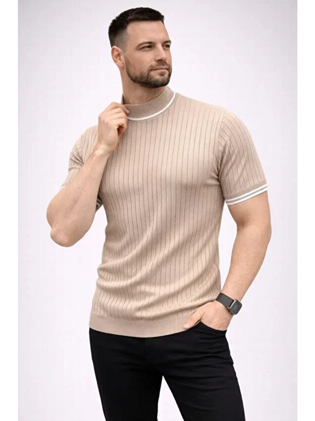 Bej Erkek Fitilli Triko Dokuma Kısa Kol Tişört
