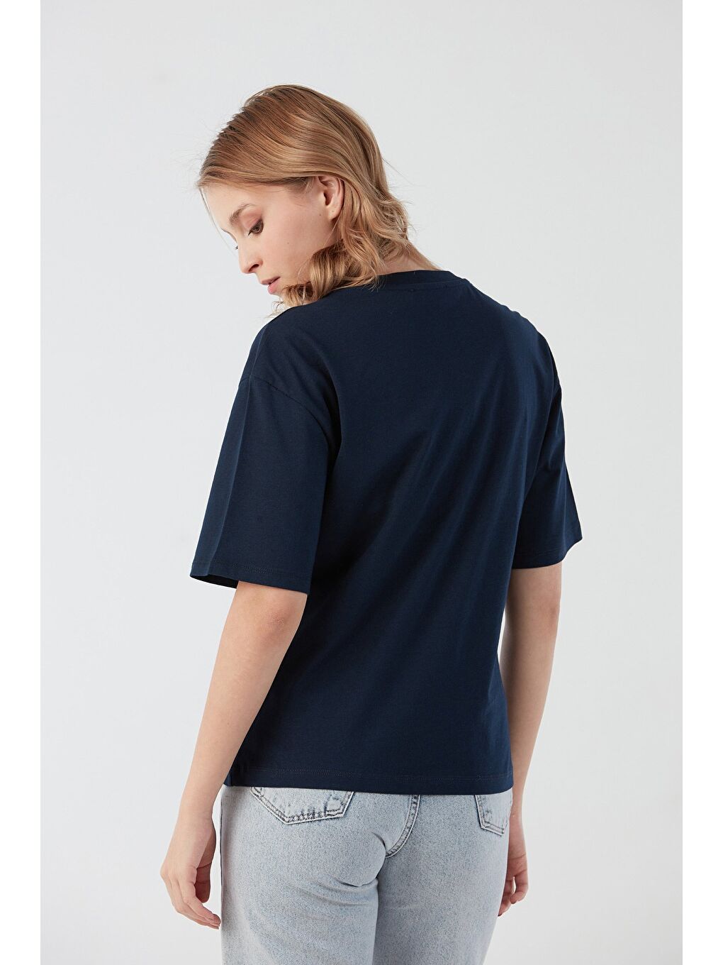 Lacivert Teddy Bear Yazı Nakışlı Bisiklet Yaka Tişört-1