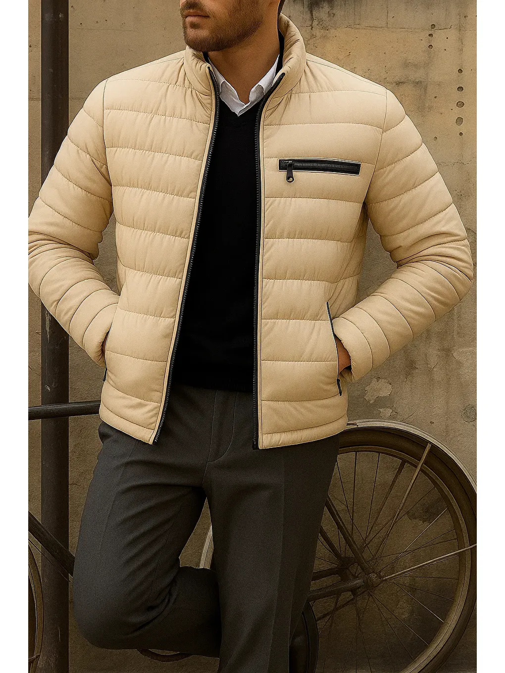 Ekru Erkek Kışlık Slim Fit Günlük Krem Şişme Mont-2