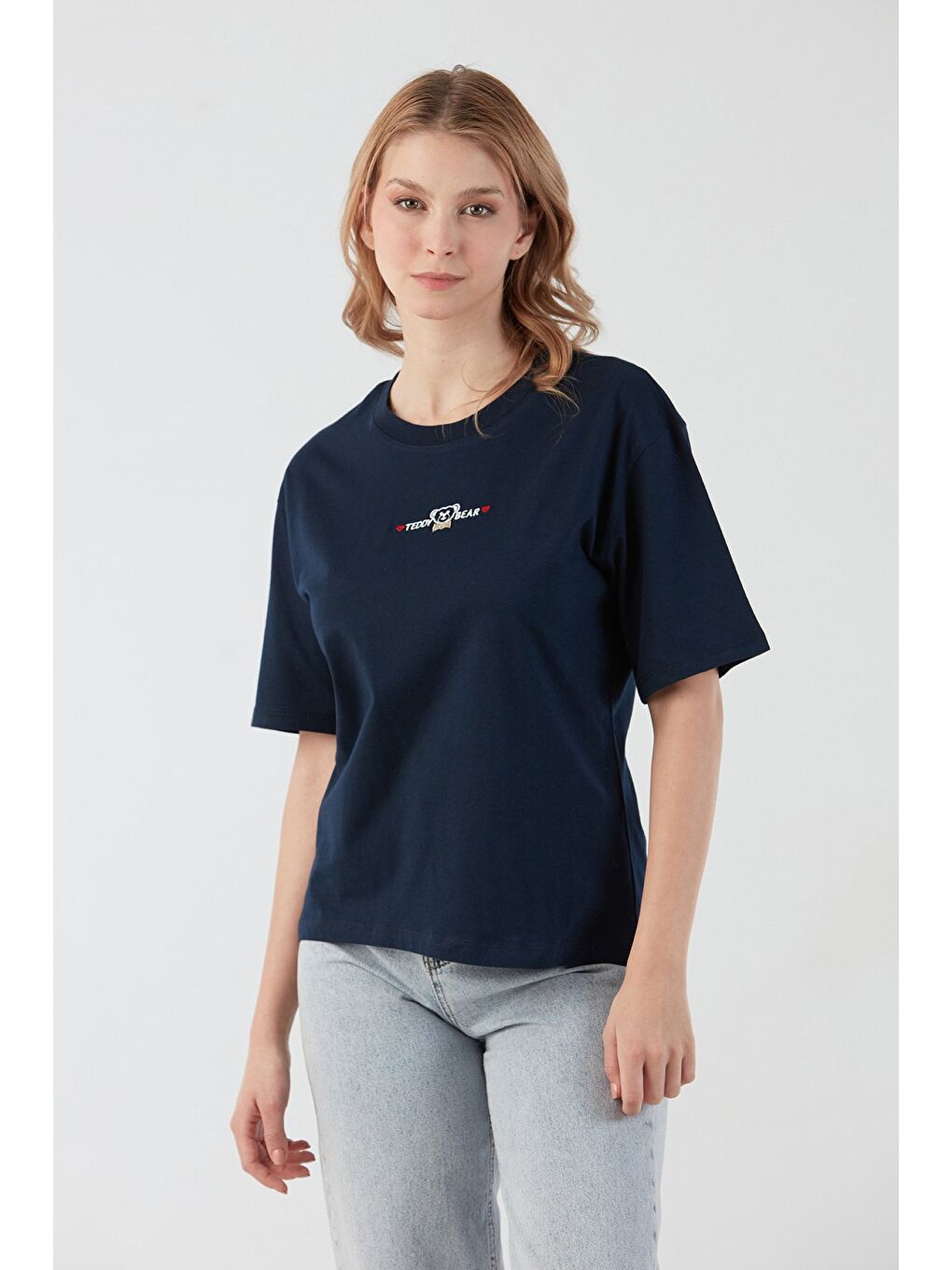 Lacivert Teddy Bear Yazı Nakışlı Bisiklet Yaka Tişört-3