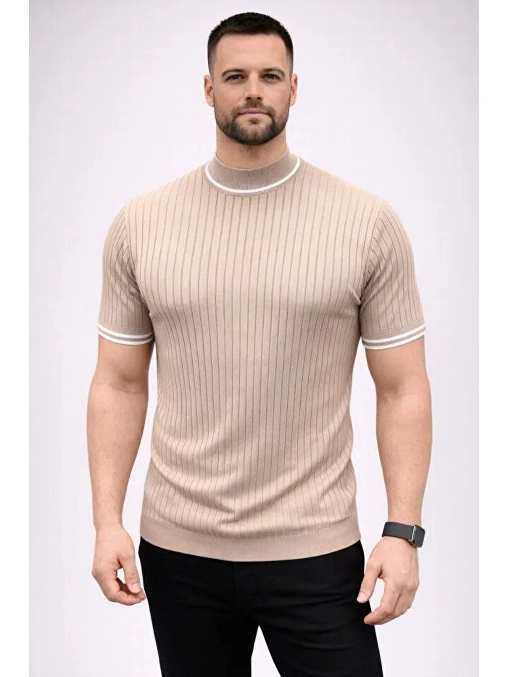 Bej Erkek Fitilli Triko Dokuma Kısa Kol Tişört-1