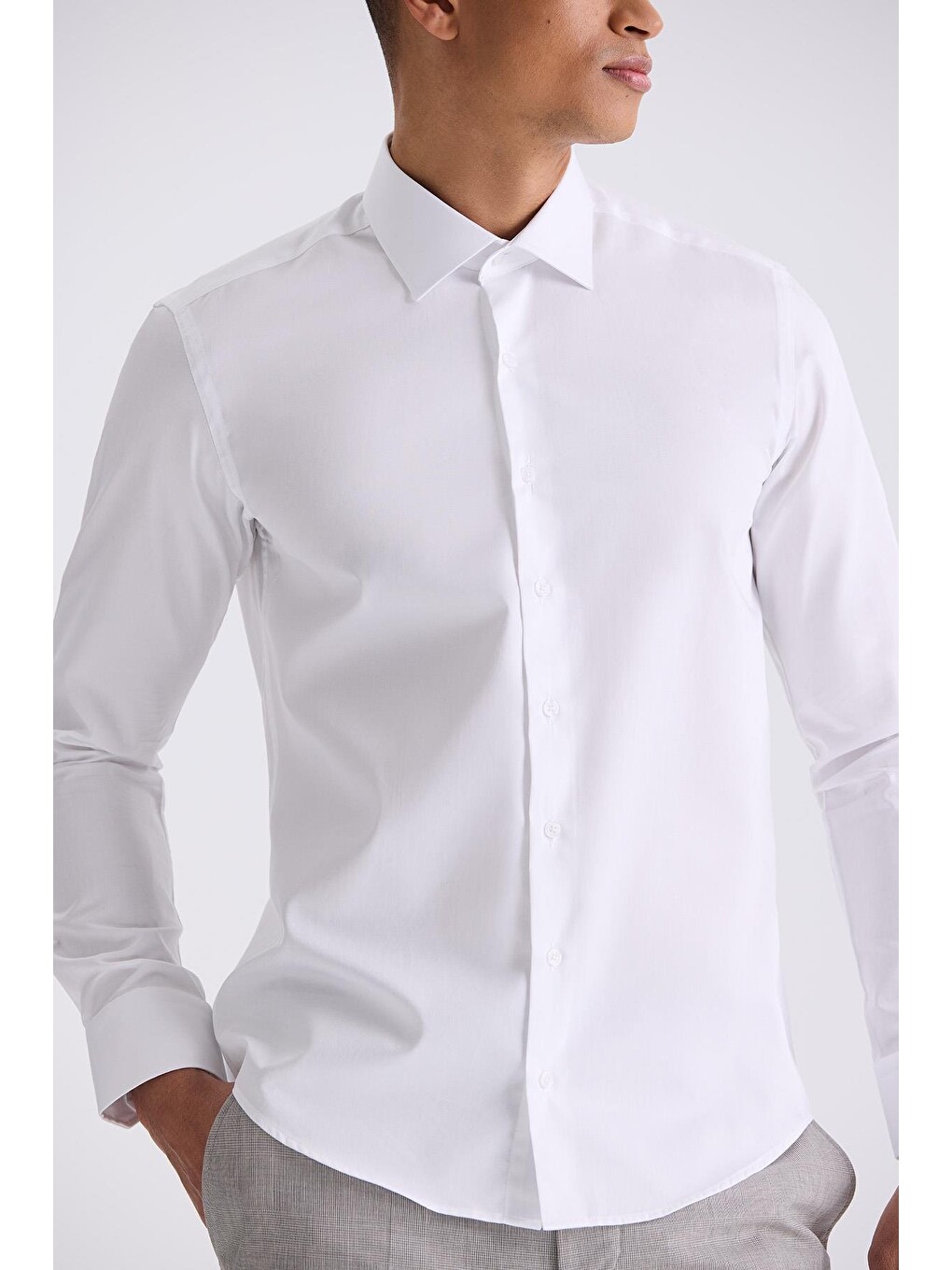 Beyaz Slim Fit Basic Düğmeli %100 Pamuk Gömlek-2