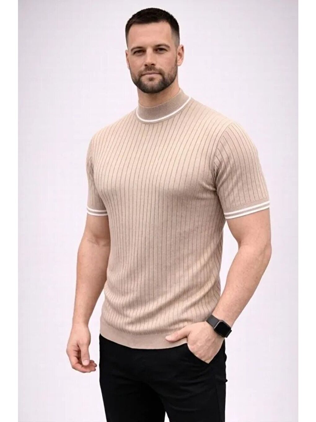 Bej Erkek Fitilli Triko Dokuma Kısa Kol Tişört-2
