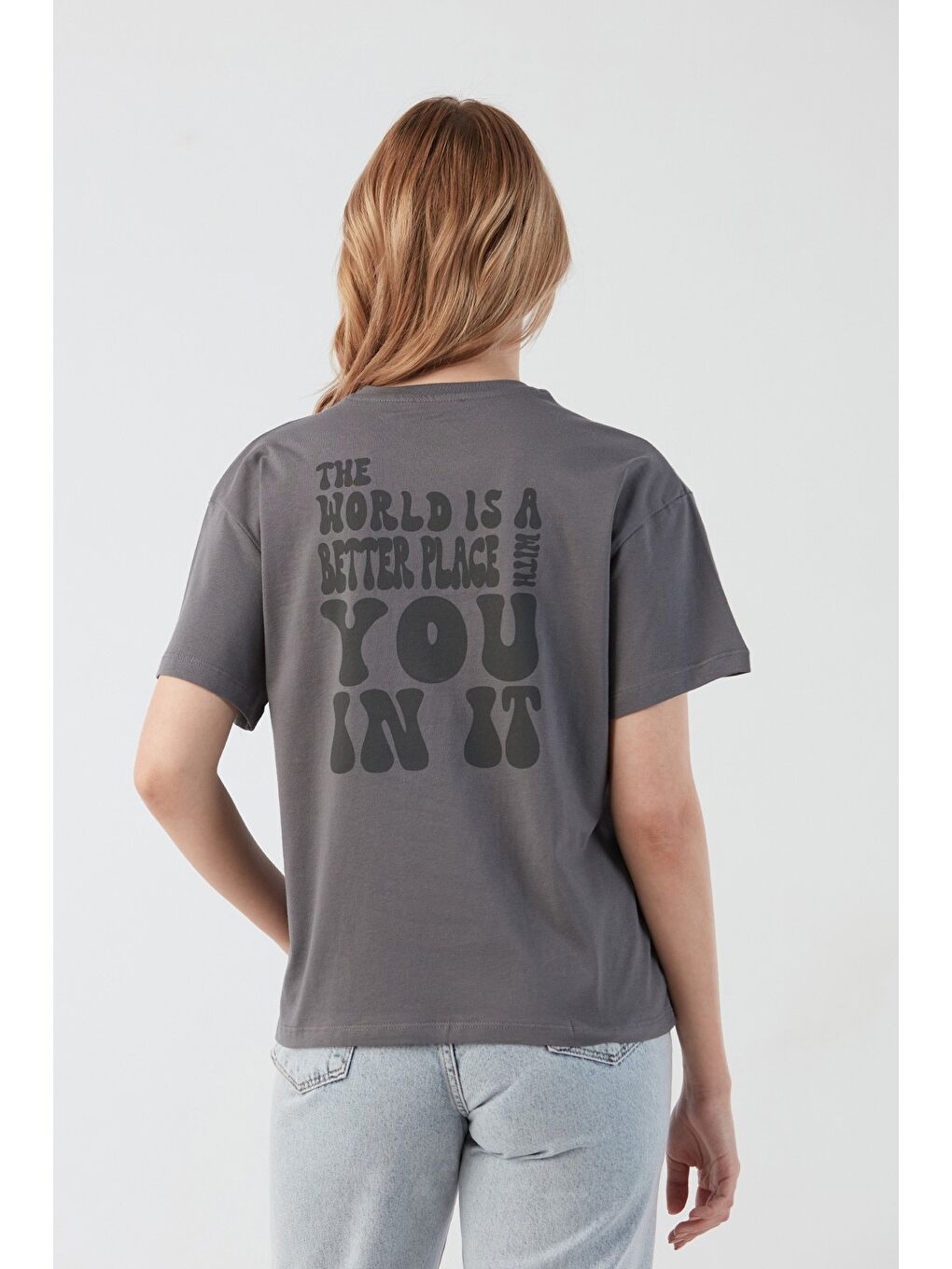 Antrasit Arkası Yazı Baskılı Bisiklet Yaka Tişört-1