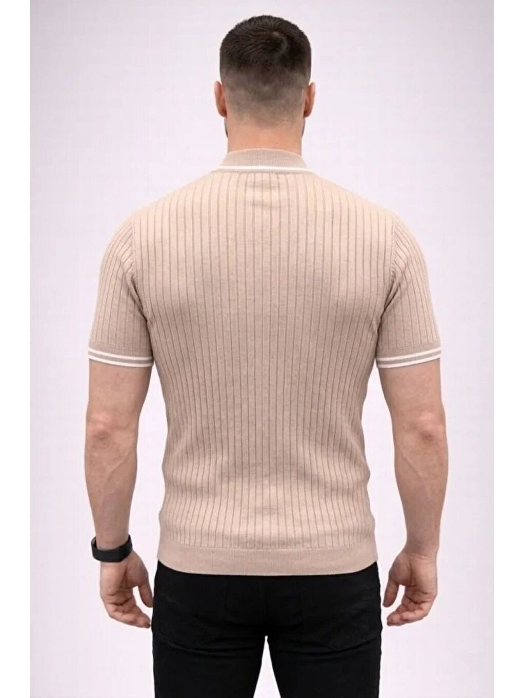 Bej Erkek Fitilli Triko Dokuma Kısa Kol Tişört-3