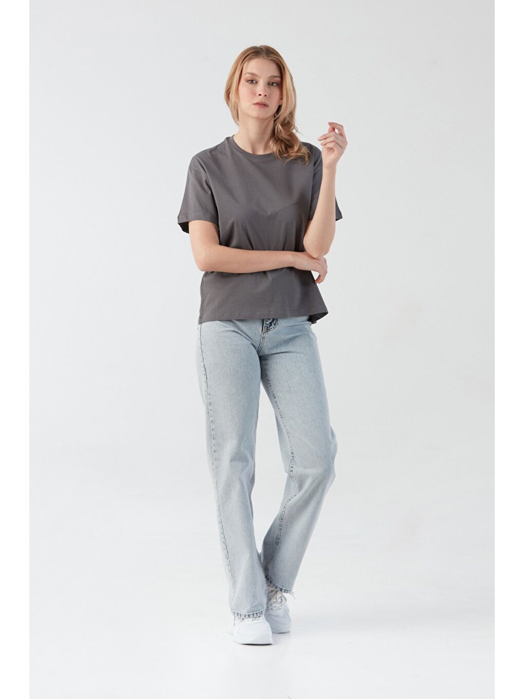 Antrasit Arkası Yazı Baskılı Bisiklet Yaka Tişört-2