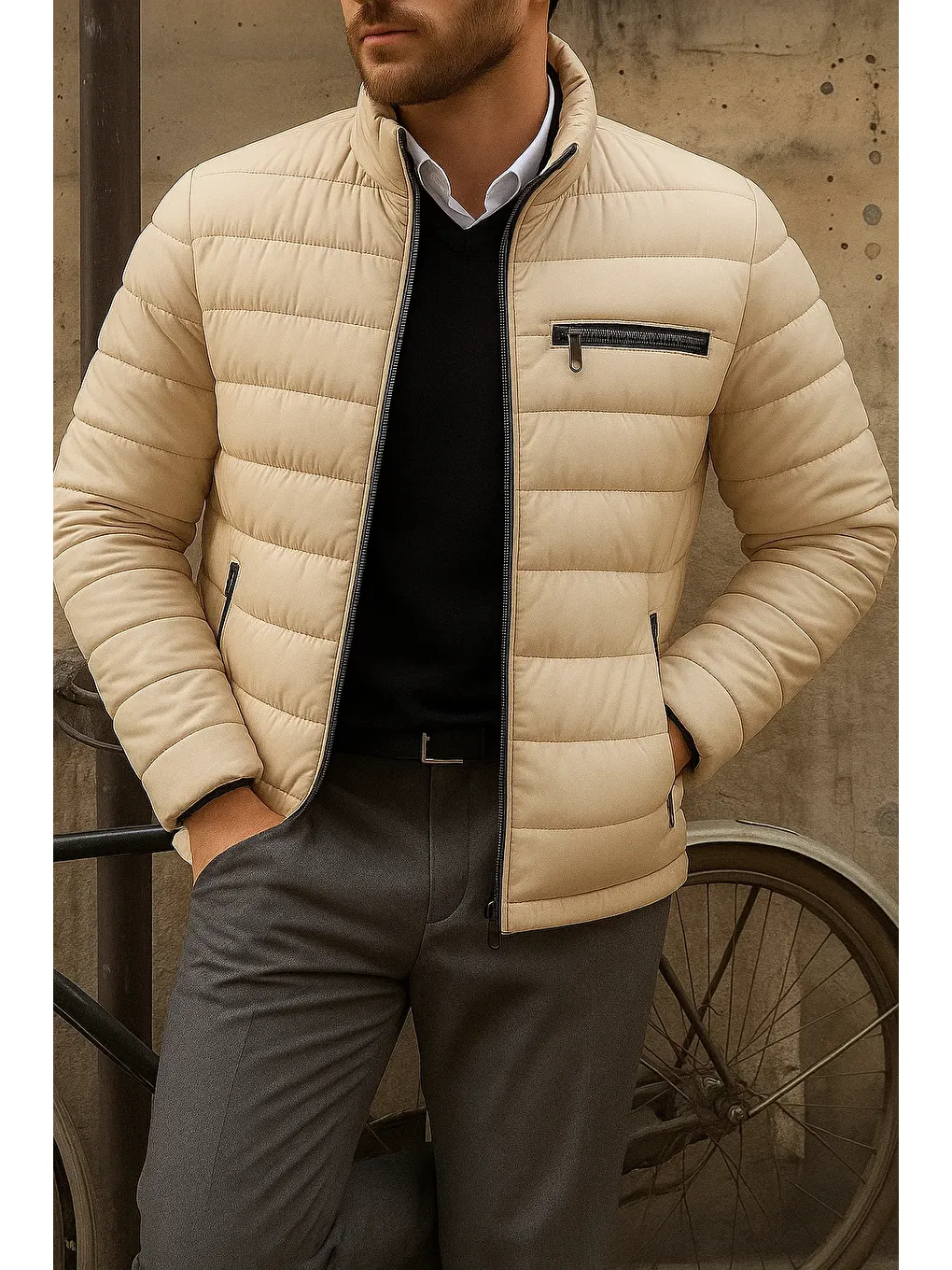 Ekru Erkek Kışlık Slim Fit Günlük Krem Şişme Mont-3