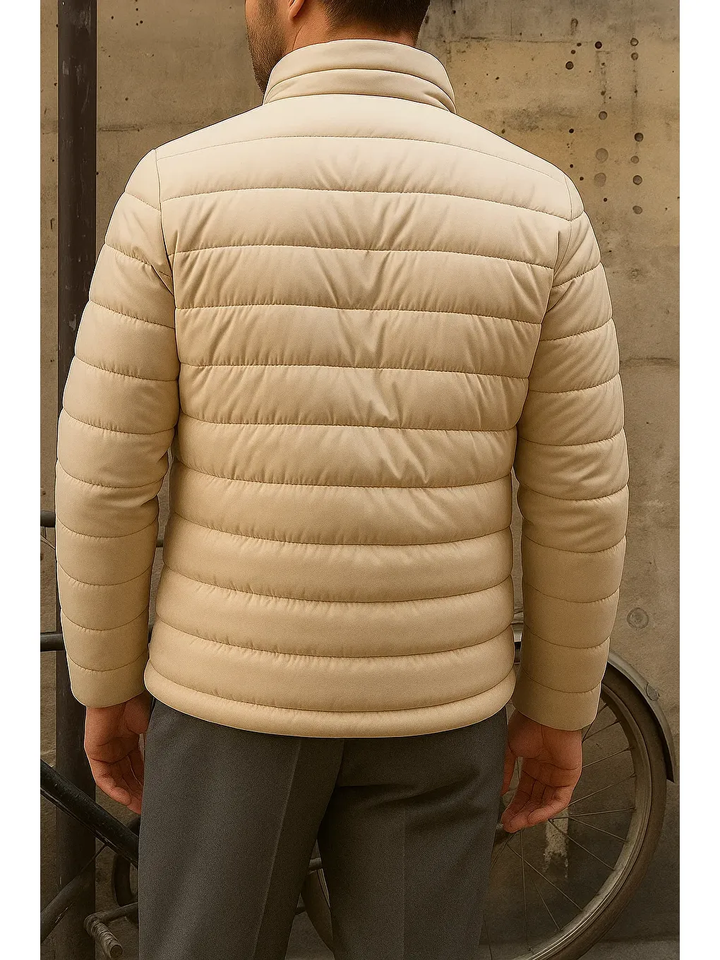 Ekru Erkek Kışlık Slim Fit Günlük Krem Şişme Mont-4