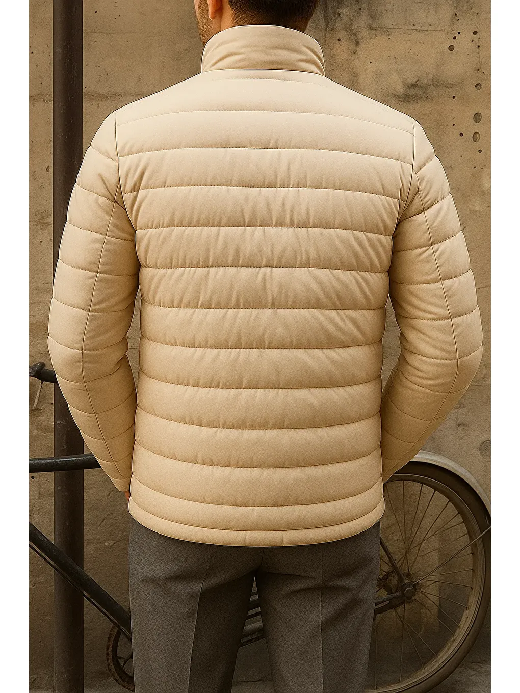 Ekru Erkek Kışlık Slim Fit Günlük Krem Şişme Mont-5