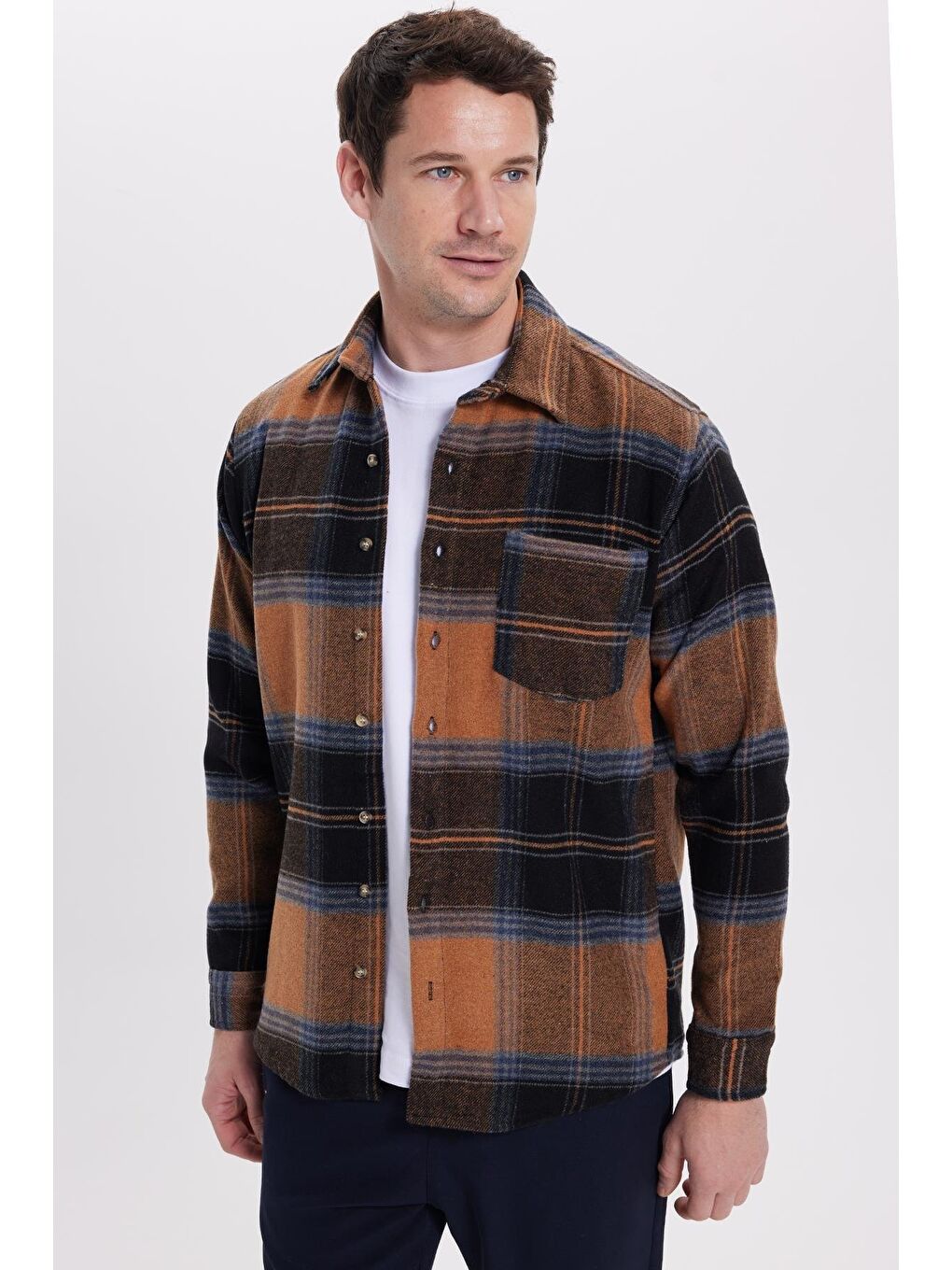 Kahverengi Erkek Regular Fit Rahat Kesim Kışlık Kareli Oduncu Gömlek