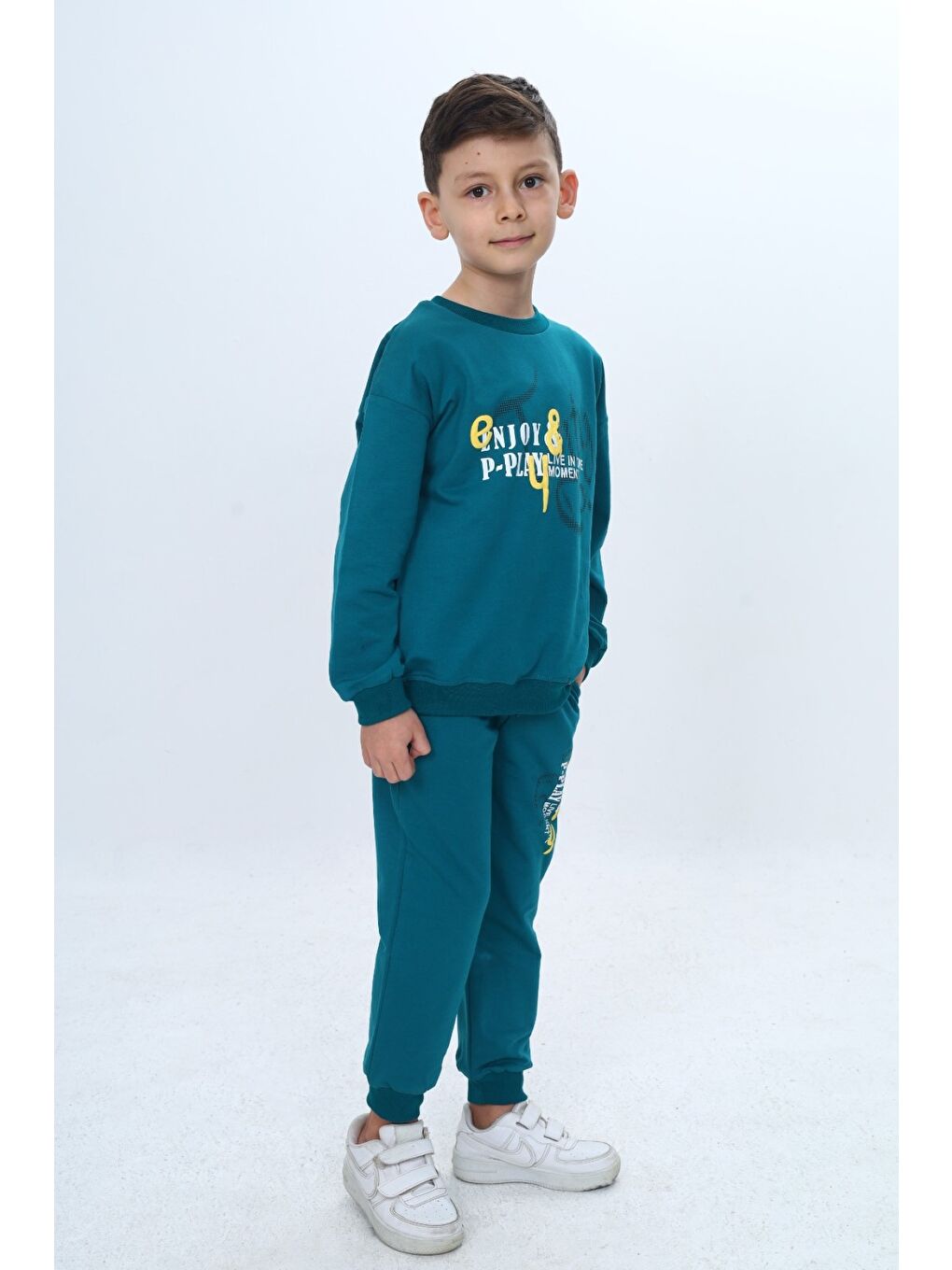 Petrol Erkek Çocuk 2'li Takım Baskılı Bisiklet Yaka Kısa Kollu Sweatshirt & Beli Paçası Lastikli Cepli Jogg-1