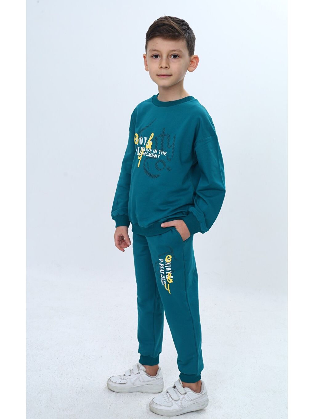 Petrol Erkek Çocuk 2'li Takım Baskılı Bisiklet Yaka Kısa Kollu Sweatshirt & Beli Paçası Lastikli Cepli Jogg-2