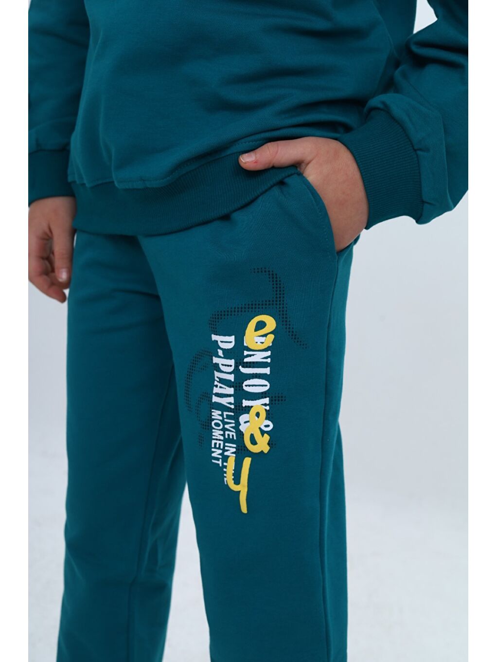 Petrol Erkek Çocuk 2'li Takım Baskılı Bisiklet Yaka Kısa Kollu Sweatshirt & Beli Paçası Lastikli Cepli Jogg-4