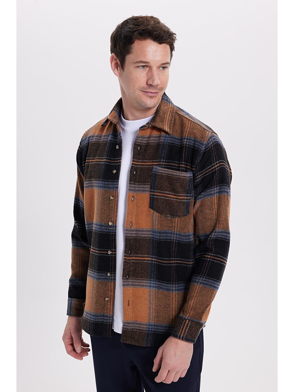 Kahverengi Erkek Regular Fit Rahat Kesim Kışlık Kareli Oduncu Gömlek-4