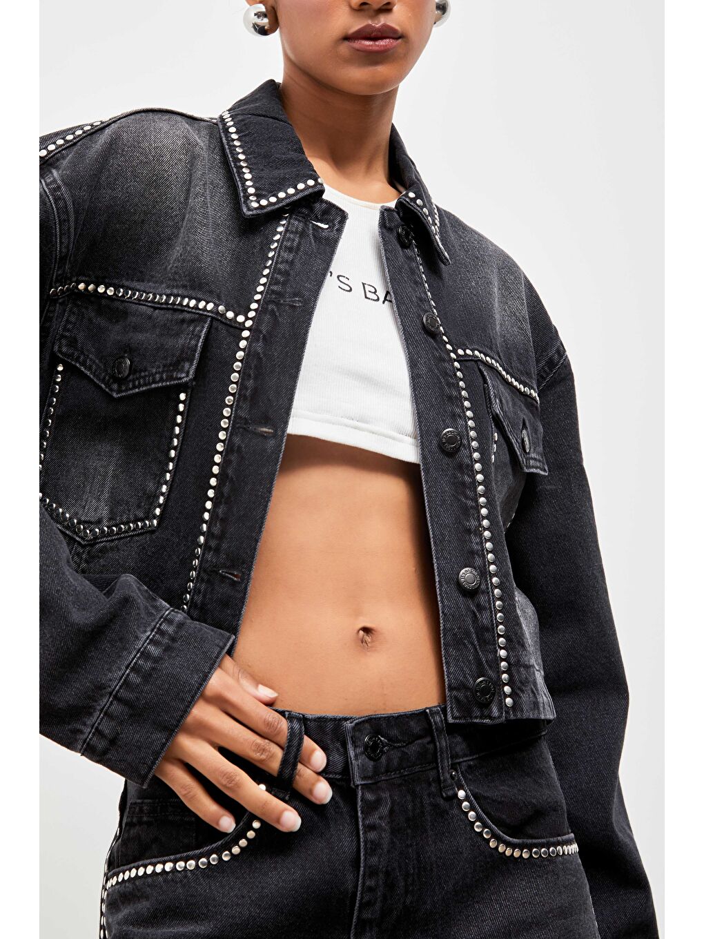 it's basic Siyah Kadın Koyu Füme 2w41 Renk Drop Detaylı Tasarım Denim Crop Ceket - 1