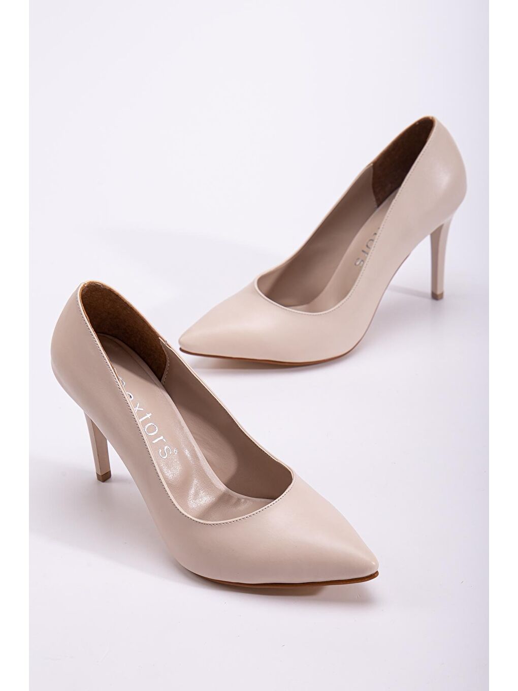 Bej D063   Kadın İnce Klasik Topuklu Stileto Ayakkabı-3